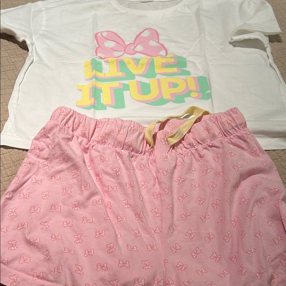Women’s Pink Bow-Print Pajama Set - Live It Up! Top & Shorts